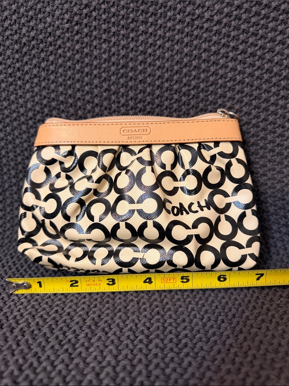 Coach Black & Cream Signature Canvas Wristlet Pouch with Tan Trim